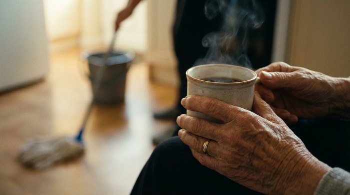 Nahaufnahme von Händen einer Seniorin, die entspannt eine Tasse Kaffee hält, während im unscharfen Hintergrund eine Reinigungskraft den Boden wischt. Fokus auf Ruhe und Entlastung.