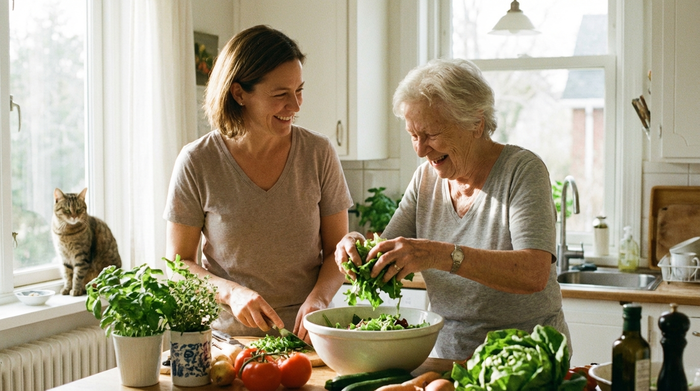 Eine geduldige Betreuerin und eine ältere Dame bereiten gemeinsam in einer hellen Küche einen frischen Salat zu. Beide lächeln sich an und haben sichtlich Freude an der gemeinsamen Tätigkeit.