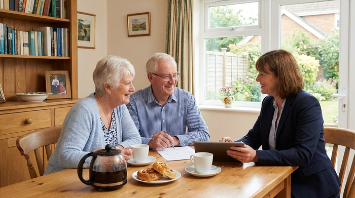 Ein älteres Ehepaar sitzt mit einem freundlichen Berater am heimischen Esstisch. Sie besprechen entspannt Unterlagen. Im Hintergrund steht eine Kaffeekanne auf dem Tisch, die Stimmung ist vertrauensvoll.