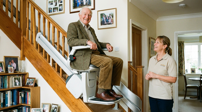 Ein älterer Herr sitzt sicher und entspannt auf einem modernen Treppenlift, der an einer Holztreppe montiert ist. Eine freundliche Betreuerin steht am Fuß der Treppe und nickt ihm ermutigend zu.