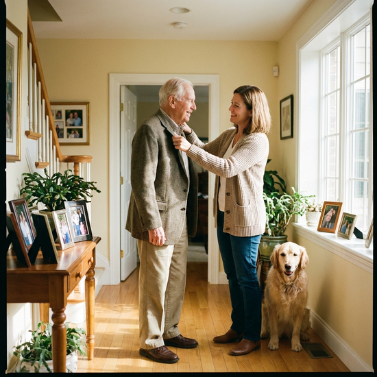 Eine aufmerksame Betreuungskraft hilft einem älteren Herrn beim Anziehen einer Jacke im Flur eines gepflegten Hauses. Beide lächeln sich freundlich an, helle und einladende Umgebung.