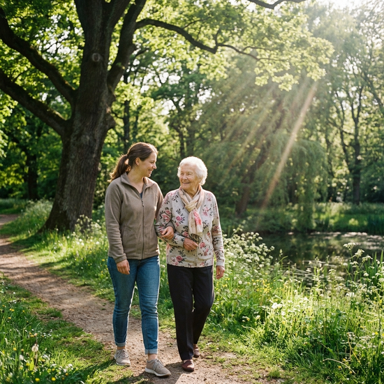 Zwei Frauen, eine jüngere Betreuungskraft und eine Seniorin, spazieren entspannt durch einen grünen Park mit alten Bäumen. Sonnenlicht fällt durch die Blätter, friedliche Stimmung.