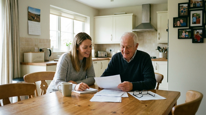 Eine Tochter sitzt mit ihrem älteren Vater am Küchentisch und bespricht entspannt Dokumente. Eine Kaffeetasse steht auf dem Tisch, das Ambiente ist aufgeräumt und familiär.