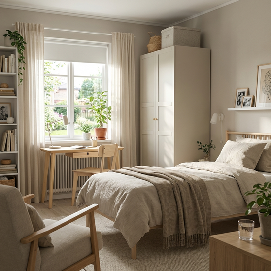 Ein helles, freundlich eingerichtetes Gästezimmer für eine Betreuungskraft. Ein gemütliches Bett, ein kleiner Schreibtisch am Fenster und ein Kleiderschrank. Einladend und ordentlich.