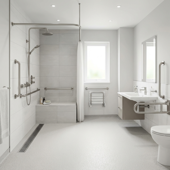 Ein modernisiertes, barrierefreies Badezimmer mit einer ebenerdigen Dusche und Haltegriffen an den Wänden. Sauber, hell gefliest, sicher und altersgerecht gestaltet.