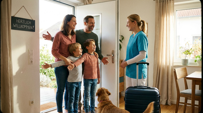 Ein herzliches Willkommen an der Haustür: Eine Familie begrüßt die neu angekommene Betreuungskraft mit einem Lächeln. Ein Koffer steht neben der Tür, positive und offene Körpersprache.