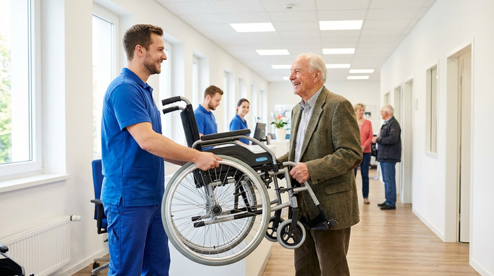 Ein freundlicher Sanitätshaus-Mitarbeiter in blauer Arbeitskleidung übergibt einen modernen Leichtgewichtrollstuhl an einen älteren Herrn in einem gepflegten Flur. Helle Beleuchtung, realistische Szene, Fokus auf den guten Service.