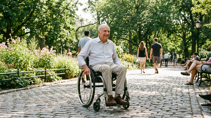 Ein älterer Mann fährt mit einem modernen, leichten Aktivrollstuhl über einen gepflasterten Weg in einem sonnigen Park. Grüne Bäume im Hintergrund, entspannte Stimmung, realistische Fotografie.