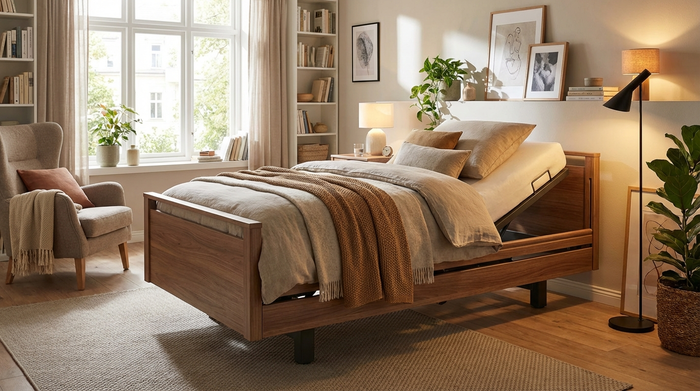 Ein modernes, höhenverstellbares Pflegebett in einem wohnlichen Schlafzimmer. Das Bett ist ordentlich gemacht, mit gemütlichen Kissen und einer warmen Decke. Keine medizinische Krankenhausatmosphäre, sondern ein gemütliches Zuhause.