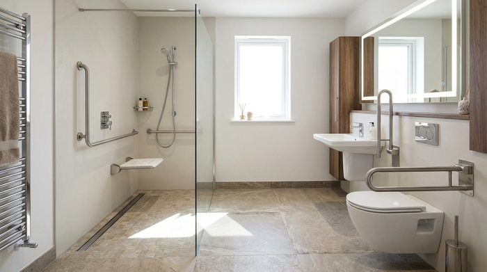 Ein modernes, barrierefreies Badezimmer mit einer bodengleichen Dusche, rutschfesten Fliesen und eleganten Haltegriffen. Hell, sauber, stilvoll eingerichtet, realistische Architekturfotografie.