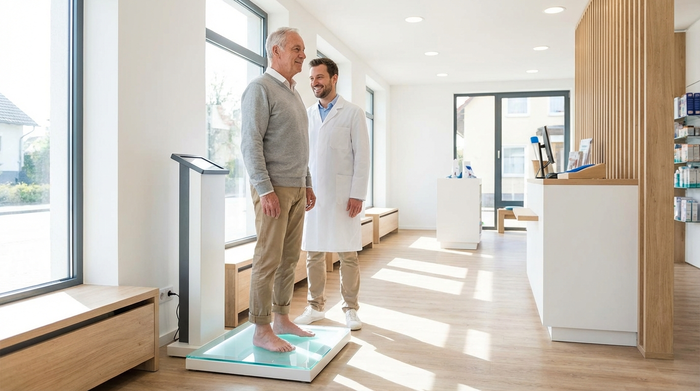 Ein heller, moderner Raum in einem Sanitätshaus. Ein älterer Herr steht barfuß entspannt auf einer beleuchteten, sauberen Glasplatte eines 3D-Scanners, während eine Fachkraft im weißen Kittel freundlich lächelnd daneben steht. Keine sichtbaren Bildschirminhalte oder Texte.