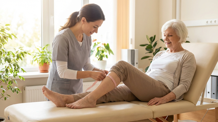 Eine medizinische Fachkraft misst mit einem weichen Maßband behutsam den Wadenumfang einer älteren Dame, die entspannt auf einer gepolsterten Untersuchungsliege sitzt. Helles, freundliches Licht und eine vertrauensvolle Atmosphäre.