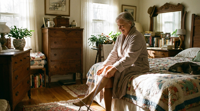 Eine ältere Dame zieht sich morgens in einem gemütlichen, sonnigen Schlafzimmer mit Hilfe eines praktischen Metallgestells mühelos ihre Kompressionsstrümpfe an. Sie lächelt zufrieden über die Erleichterung im Alltag.
