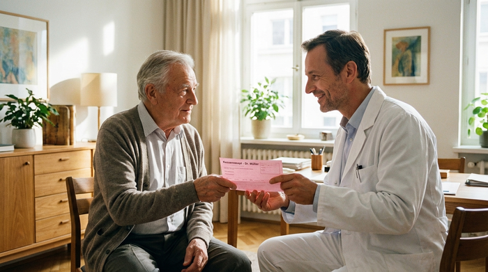 Ein älterer Patient im Gespräch mit seinem Arzt in einem hellen, aufgeräumten Behandlungszimmer. Der Arzt überreicht ein rosafarbenes Rezept. Vertrauensvolle Stimmung, weiches Sonnenlicht.