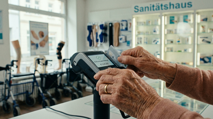 Eine detaillierte Nahaufnahme: Die Hände einer älteren Frau, die mit einer EC-Karte an einem modernen Kartenterminal bezahlt. Im Hintergrund verschwommen die helle Einrichtung eines Sanitätshauses.