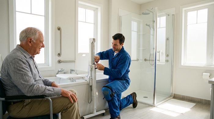 Ein freundlicher Techniker in Arbeitskleidung montiert sorgfältig einen Badewannenlift in einem sauberen, barrierefreien Badezimmer. Ein älterer Herr schaut zufrieden zu. Helle, realistische Szene ohne Text.