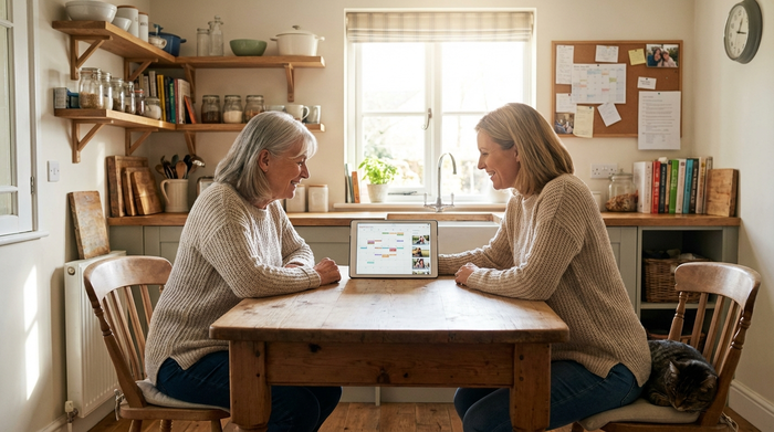 Zwei Frauen, eine ältere Dame und ihre erwachsene Tochter, sitzen gemütlich am Küchentisch und schauen gemeinsam auf ein Tablet. Sie wirken entspannt und gut organisiert.
