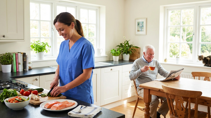 Eine professionelle Pflegekraft bereitet in einer hellen, sauberen Küche eine Mahlzeit vor, während ein älterer Herr im Hintergrund entspannt am Tisch sitzt. Natürliches Tageslicht, aufgeräumtes und wohnliches Umfeld.