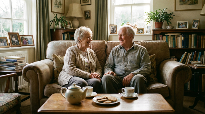 Ein älteres Ehepaar sitzt entspannt auf einem bequemen Sofa im Wohnzimmer und unterhält sich lächelnd. Eine Tasse Tee steht auf dem Couchtisch. Friedliche und sorgenfreie Stimmung in den eigenen vier Wänden.
