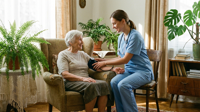 Eine einfühlsame Krankenschwester misst den Blutdruck einer älteren Frau, die gemütlich in einem Sessel sitzt. Helles, sonniges Zimmer mit grünen Zimmerpflanzen. Ruhige, medizinische Betreuungssituation.