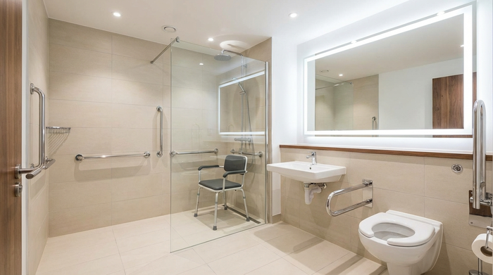 Ein modernes, barrierefreies Badezimmer mit einer ebenerdigen Dusche, stabilen Haltegriffen an der Wand und rutschfesten, hellen Fliesen. Ein komfortabler Duschstuhl steht bereit. Sauber, sicher und sehr gut beleuchtet.