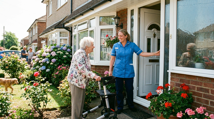 Eine freundliche Pflegekraft steht lächelnd an der geöffneten Haustür eines Einfamilienhauses und begrüßt eine Seniorin, die sich auf einen Rollator stützt. Sonniges Wetter, blühende Pflanzen im Vorgarten.