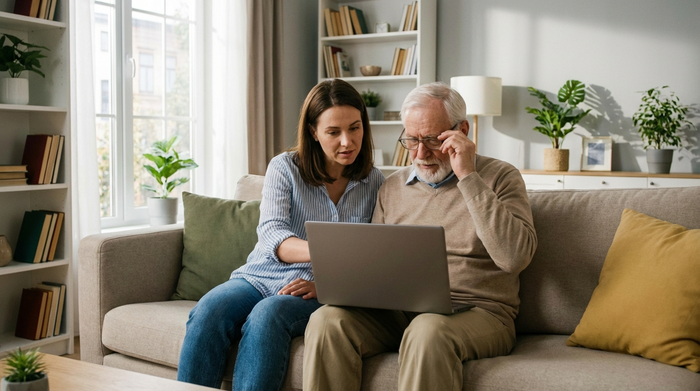 Eine erwachsene Tochter und ihr älterer Vater sitzen mit einem Laptop auf dem Sofa und recherchieren gemeinsam. Konzentrierte, aber entspannte Stimmung in einem aufgeräumten, modernen Wohnzimmer. Natürliches Licht, realistische Szene.