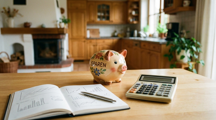 Ein Sparschwein auf einem hellen Holztisch, daneben ein Taschenrechner und ein geöffnetes Notizbuch mit einem Stift. Unscharfer Hintergrund mit einer gemütlichen Wohnküche. Symbolbild für Finanzen und Planung, ohne lesbaren Text oder Zahlen.