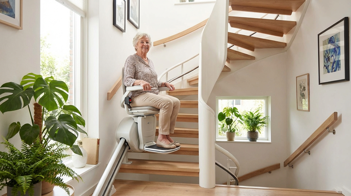 Eine ältere Dame fährt sicher und lächelnd mit einem modernen Treppenlift eine geschwungene Holztreppe hinauf. Helles Treppenhaus mit Zimmerpflanzen, saubere Umgebung, sichere Mobilität im Alter.
