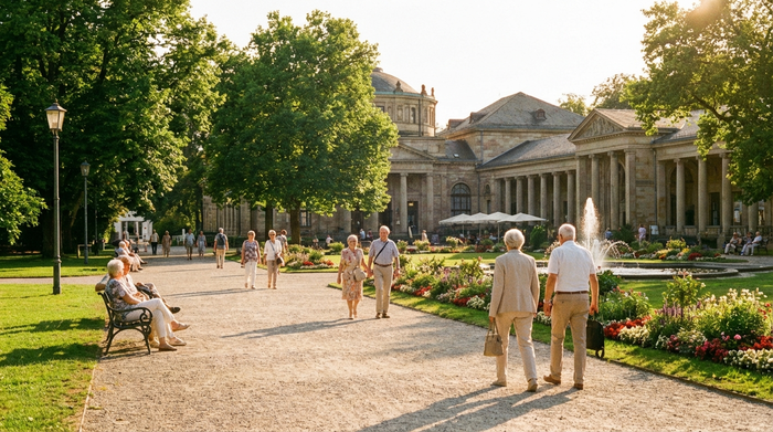 Ein Blick auf den idyllischen Kurpark in Wiesbaden an einem sonnigen Nachmittag. Ältere Menschen spazieren entspannt auf sauberen Wegen, umgeben von gepflegten grünen Bäumen und historischen Gebäuden im Hintergrund.