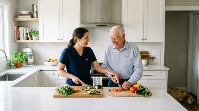 Eine aufmerksame Betreuerin hilft einem älteren Herrn beim Kochen in einer sauberen, modernen Küche. Beide schneiden frisches Gemüse und lachen gemeinsam. Die Szene wirkt harmonisch und familiär.