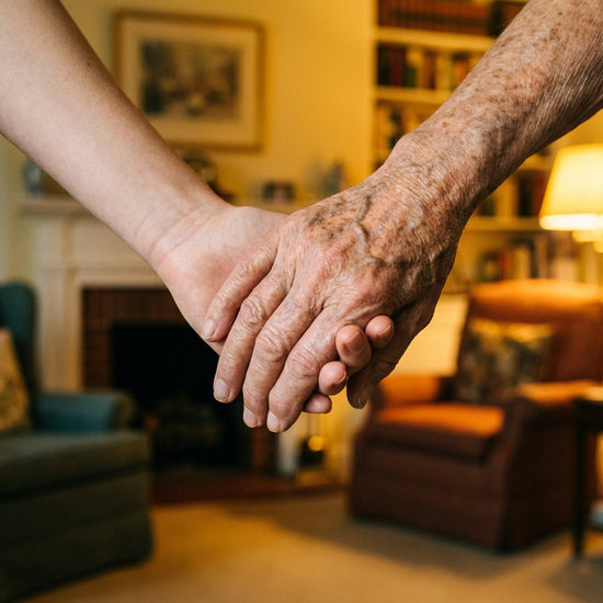 Eine detaillierte Nahaufnahme: Zwei Hände, eine jung und eine alt, halten sich sanft und vertrauensvoll. Im unscharfen Hintergrund erkennt man ein gemütliches Wohnzimmer mit warmem Licht.