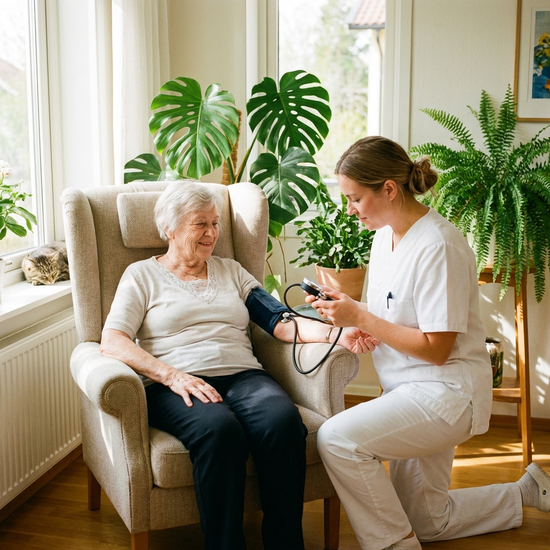 Eine Pflegekraft in weißer Kleidung misst den Blutdruck einer älteren Frau, die entspannt auf einem Sessel sitzt. Helles, freundliches Zimmer mit grünen Zimmerpflanzen.