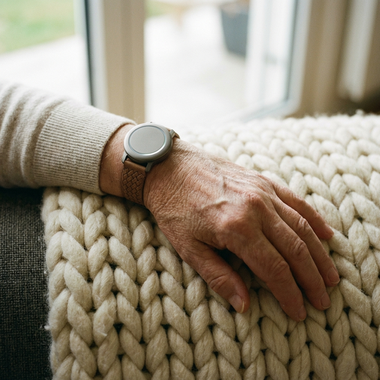 Ein moderner, unauffälliger Hausnotruf-Knopf, der als Armband am Handgelenk eines Senioren getragen wird. Die Hand ruht entspannt auf einer weichen Kuscheldecke.