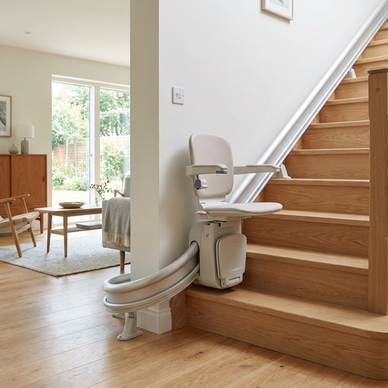 Ein eleganter, moderner Treppenlift, der an einer hellen Holztreppe in einem gepflegten Einfamilienhaus installiert ist. Das Design ist unauffällig und hochwertig.