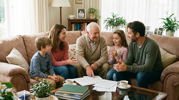 Eine Familie sitzt gemeinsam mit einem älteren Angehörigen auf einem bequemen Sofa im Wohnzimmer und bespricht ruhig Dokumente. Die Stimmung ist positiv, unterstützend und lösungsorientiert.