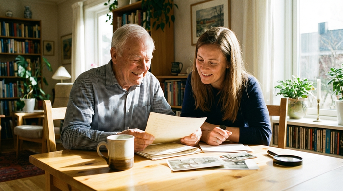 Ein lächelnder, älterer Herr und seine Tochter sitzen gemeinsam an einem hellen Holztisch und schauen sich konzentriert, aber entspannt verschiedene Dokumente an. Eine Tasse Kaffee steht auf dem Tisch.