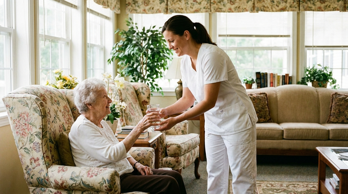 Eine fürsorgliche Pflegekraft in weißer Berufskleidung reicht einer älteren Dame liebevoll ein Glas Wasser. Die Szene findet in einem lichtdurchfluteten, gemütlichen Aufenthaltsraum mit bequemen Polstermöbeln statt.