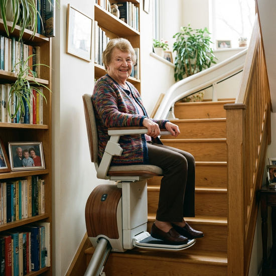 Eine fröhliche Seniorin fährt mit einem modernen Treppenlift mühelos die Holztreppe ihres gemütlichen Einfamilienhauses hinauf. Sie lächelt zufrieden und entspannt in die Kamera.
