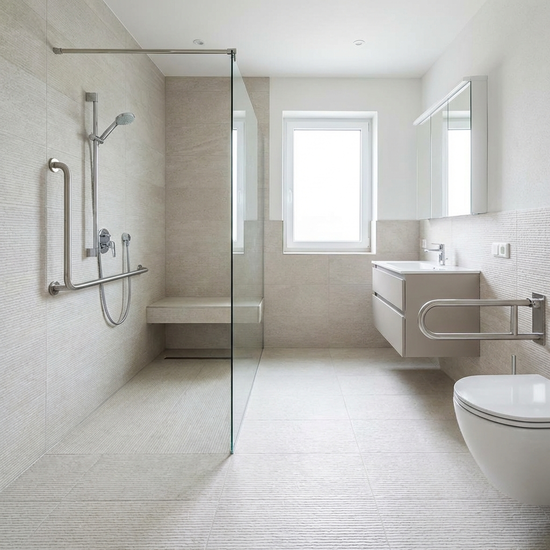 Ein neu umgebautes, modernes und barrierefreies Badezimmer mit einer großzügigen, bodengleichen Dusche und eleganten Edelstahl-Haltegriffen an den Wänden. Helle, rutschfeste Fliesen sorgen für eine saubere Optik.