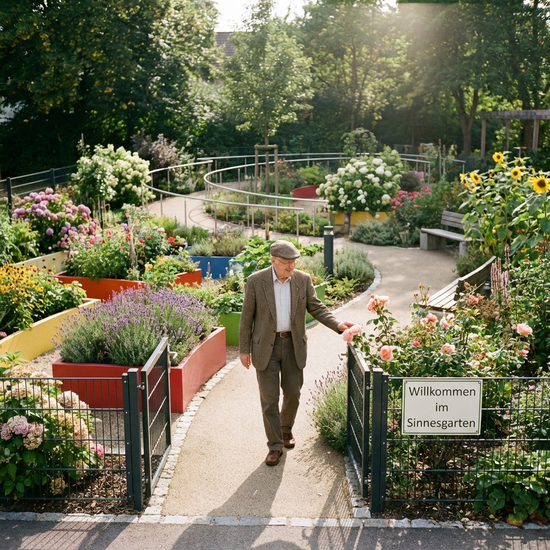 Ein sicherer, idyllischer Demenzgarten mit rollstuhlgerechten Rundwegen, bunten Hochbeeten und blühenden Blumen. Ein älterer Herr spaziert friedlich an einem sonnigen Nachmittag.
