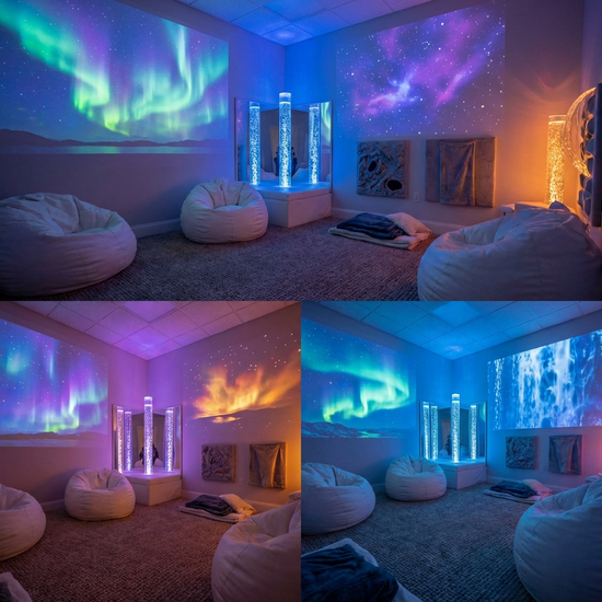 Ein gemütlicher Snoezelen-Raum mit gedimmtem, farbigem Licht, bequemen weißen Sitzsäcken und sanften Lichtprojektionen an der Wand. Entspannende, ruhige Atmosphäre.