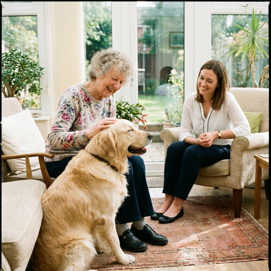 Eine fröhliche ältere Frau streichelt liebevoll einen ruhigen Golden Retriever. Eine Therapeutin sitzt lächelnd daneben in einem lichtdurchfluteten Raum.