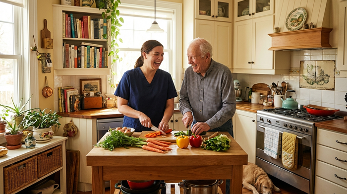Eine fürsorgliche Betreuungskraft kocht gemeinsam mit einem älteren Herrn in einer gemütlichen, häuslichen Küche. Beide lachen und schneiden frisches Gemüse.