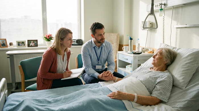 Ein emphatischer Sozialarbeiter sitzt in einem hellen Krankenhauszimmer am Bett eines älteren Patienten und bespricht mit der besorgten Tochter in ruhiger Atmosphäre die nächsten Schritte.