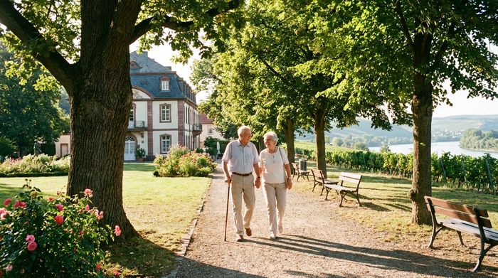 Ein gepflegter, ruhiger Park einer Seniorenresidenz im Rheingau mit alten Bäumen und barrierefreien Wegen. Zwei Senioren spazieren entspannt an einem sonnigen Nachmittag.