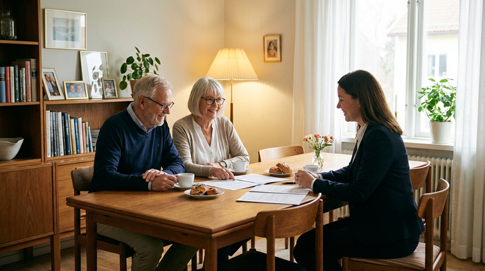 Ein älteres Ehepaar sitzt am heimischen Esstisch und bespricht entspannt Dokumente mit einem professionellen Berater. Sanftes Licht, aufgeräumte und gemütliche Atmosphäre.