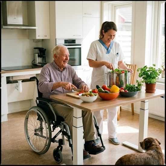 Eine liebevolle Betreuungskraft kocht gemeinsam mit einem lächelnden Senior in einer gut ausgestatteten, barrierefreien Küche frisches Gemüse.