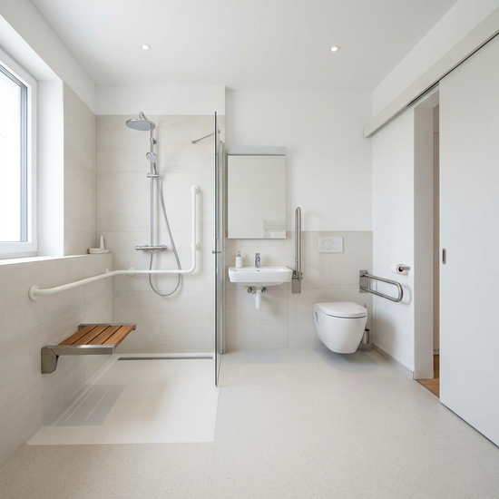 Ein modernes, barrierefreies Badezimmer mit einer ebenerdigen Dusche, stabilen Haltegriffen und einem komfortablen Duschsitz. Sauber, hell und sicher gestaltet.