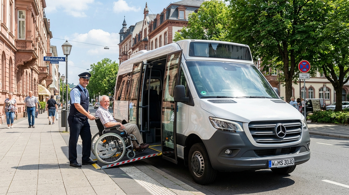 Ein moderner, rollstuhlgerechter Kleinbus hält an einer gepflegten Straße in Wiesbaden. Ein freundlicher Fahrer hilft einem lächelnden Senior sicher über eine Rampe in das Fahrzeug. Sonniges Wetter, realistische Szene.